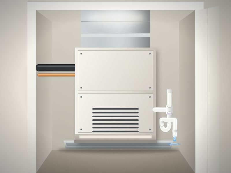 Indoor air handler in a utility closet with a white PVC condensate drain line and trap, a drain pan underneath and a single drop of water falling