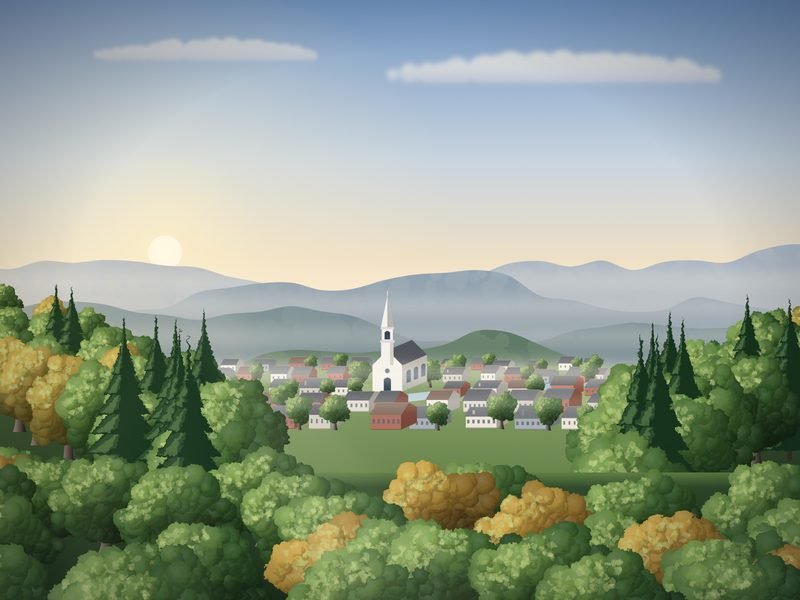 Wooded Appalachian foothills at sunrise with morning mist settling over a small valley town and a white church steeple