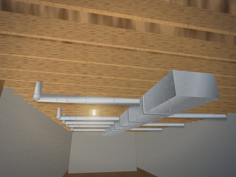 Unfinished basement ceiling with a rectangular sheet-metal supply trunk running between wooden floor joists and round branch ducts leading off to the rooms above