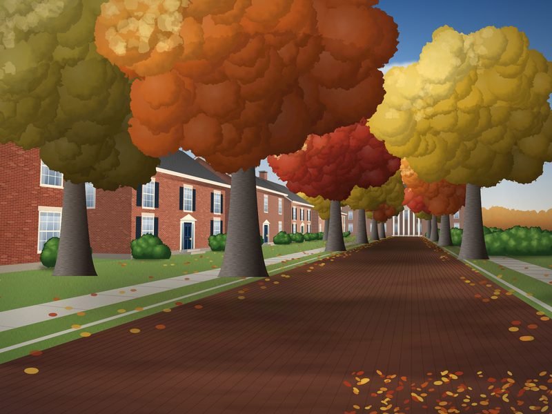 Quiet tree-lined street of older brick houses in autumn color, with a historic brick building topped by a white cupola at the end of the street
