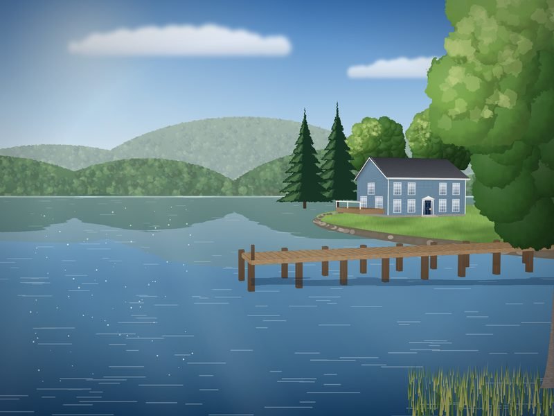 Wide lake surrounded by wooded hills, with a lakeside home and a wooden dock reaching into calm blue water