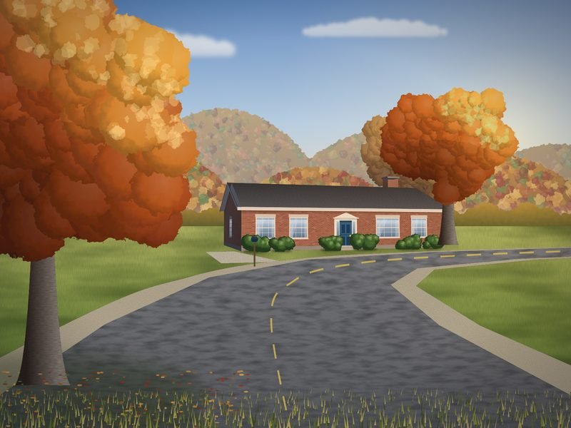 Brick ranch home beside a quiet country road with rounded, autumn-wooded knob hills rising behind it