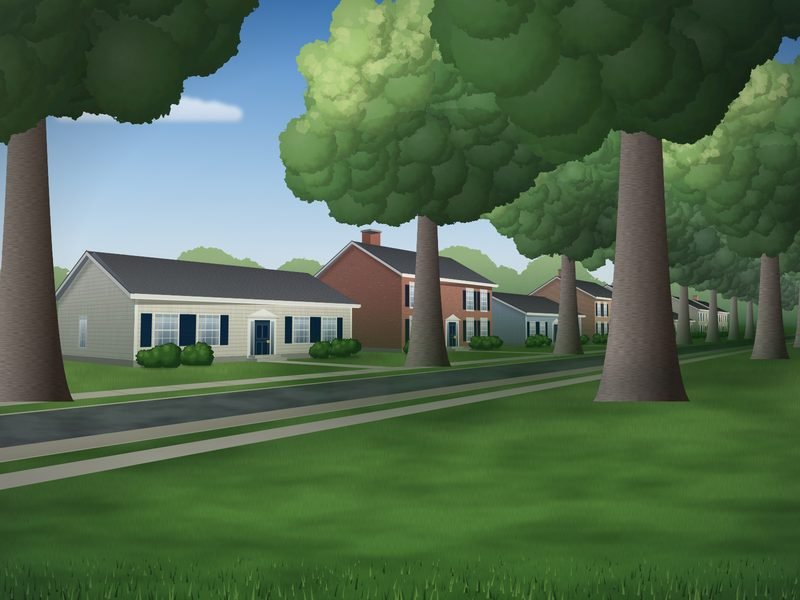 Quiet suburban street lined with mature shade trees, sidewalks and a mix of brick and siding homes with green lawns